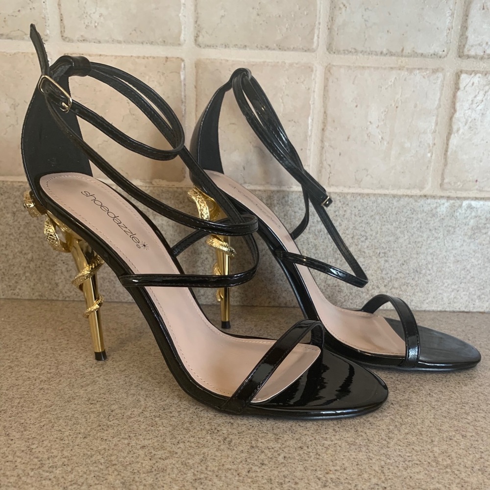 patent leather heels W/ gold snake embellishment